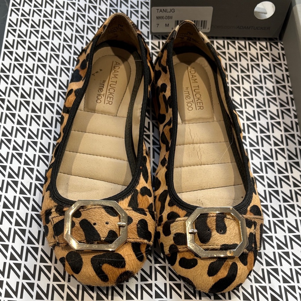 Adam Tucker Tan and Black Flats with Gold Buckle